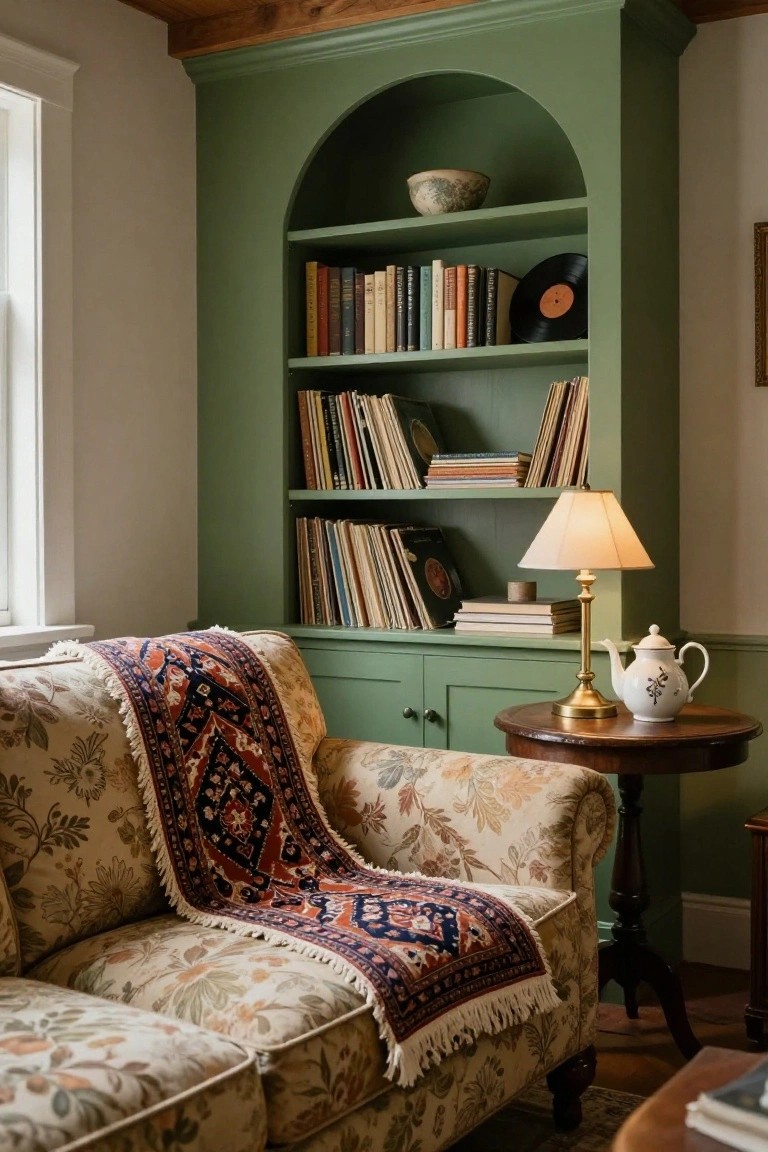 Green arched built-in bookcase filled with books and records in a living room corner next to a cream floral-upholstered sofa draped with a red and blue rug, brass lamp and white teapot on a round wooden side table.
