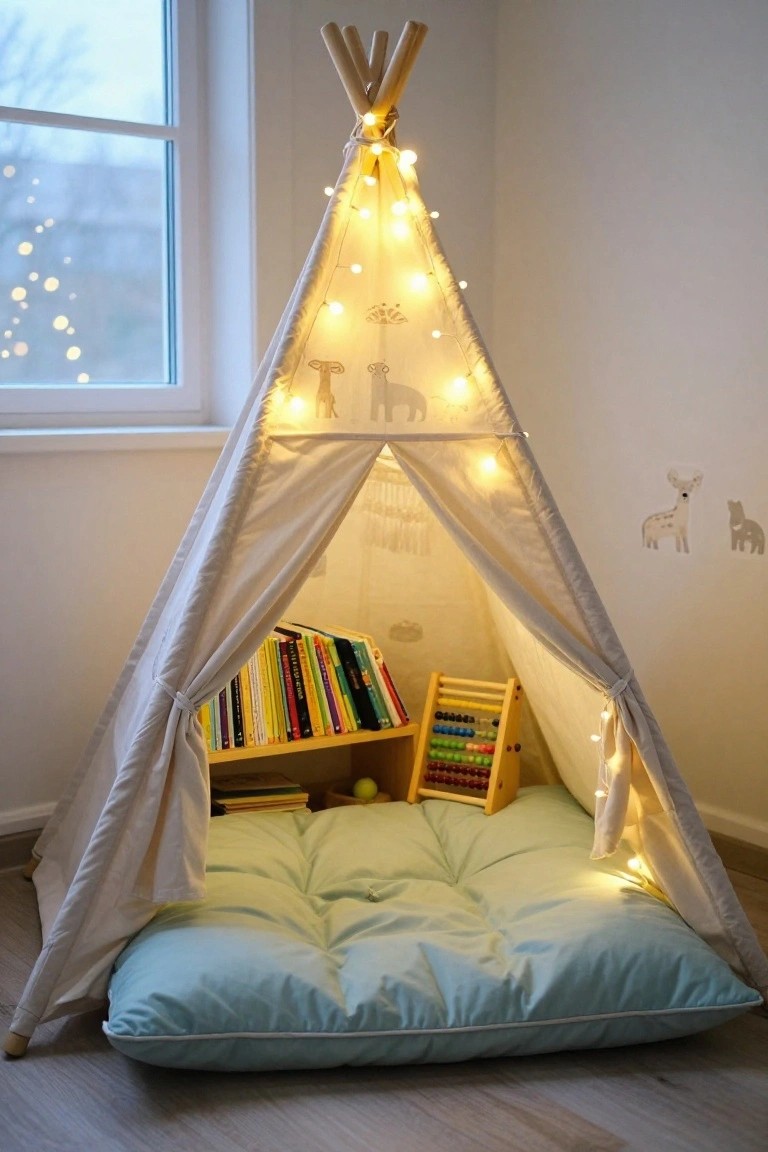 White canvas teepee tent in a living room corner with bamboo poles, string lights, books on a shelf, wooden abacus toy, and green floor cushion inside.