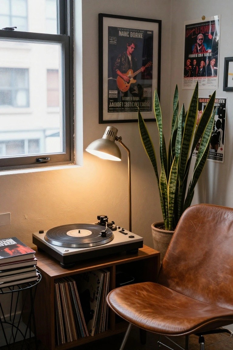 Indoor living room corner with a black turntable on a wooden stand holding vinyl records, brown leather chair, potted snake plant, posters on beige walls, and a window overlooking buildings.