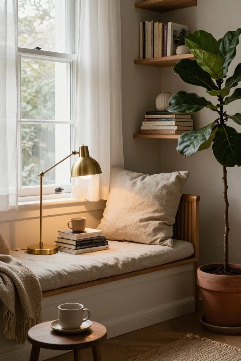 Indoor corner window seat on a wooden bench with beige cushions, stacked books, gold lamp, potted fiddle leaf fig plant, and teacup nearby, with wooden shelves and sheer curtains on the window.
