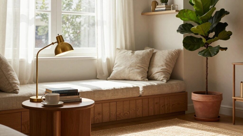 Indoor corner window seat on a wooden bench with beige cushions, stacked books, gold lamp, potted fiddle leaf fig plant, and teacup nearby, with wooden shelves and sheer curtains on the window.