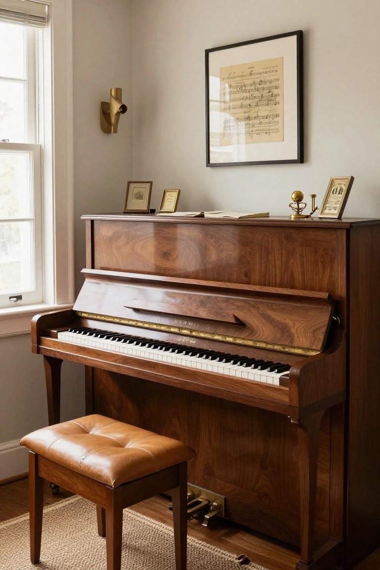 Polished wooden upright piano in a living room corner next to a window with blinds, open lid showing interior, sheet music framed on wall, small picture frames and brass ornaments on top, leather bench stool, and sisal rug on wood floor.
