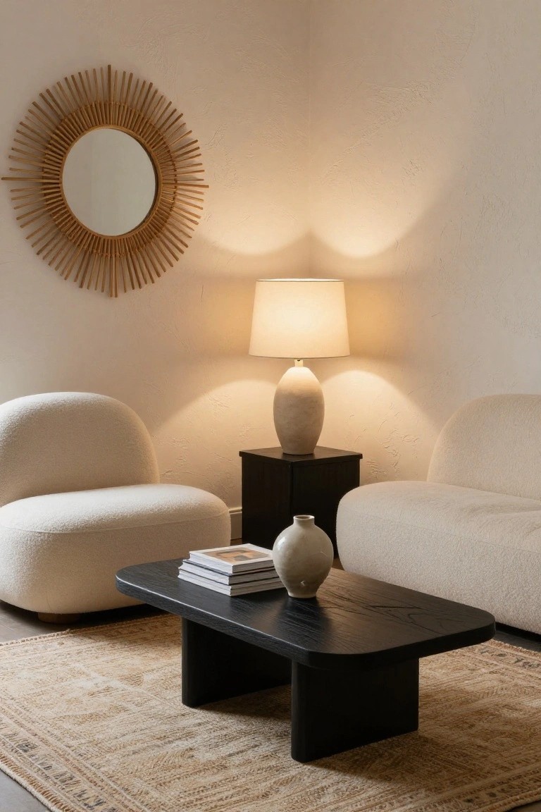 Living room corner with two curved white bouclé armchairs, a matching bouclé sofa, black wooden coffee table holding stacked books and a white vase, beige table lamp on black side table, and gold-rimmed rattan sunburst mirror on white wall.