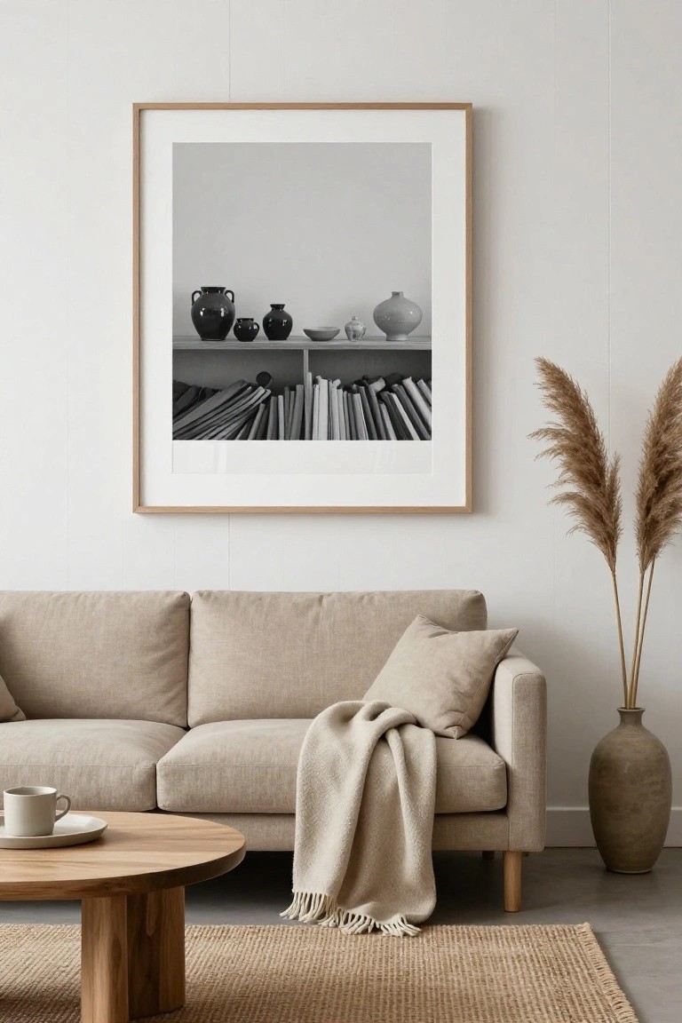 Beige three-seater sofa with cream throw blanket and pillow in a living room corner next to tall pampas grass in a ceramic vase large oak-framed black-and-white photo of pottery on a shelf on the wall wooden round coffee table with teacup and saucer seagrass rug and white walls