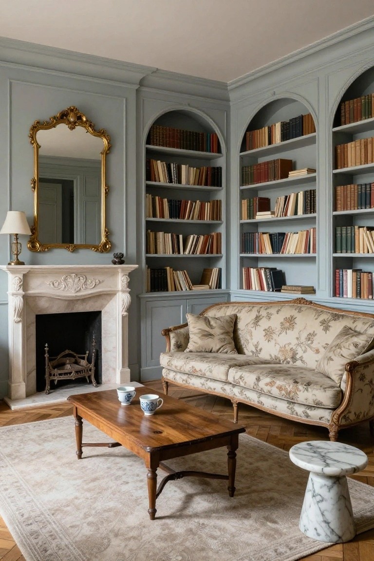 Corner of a living room with light blue paneled walls and arched built-in bookshelves filled with books, white marble fireplace with fireguard, floral-upholstered sofa, wooden coffee table holding teacups, marble pedestal table, and neutral rug on wood floors.