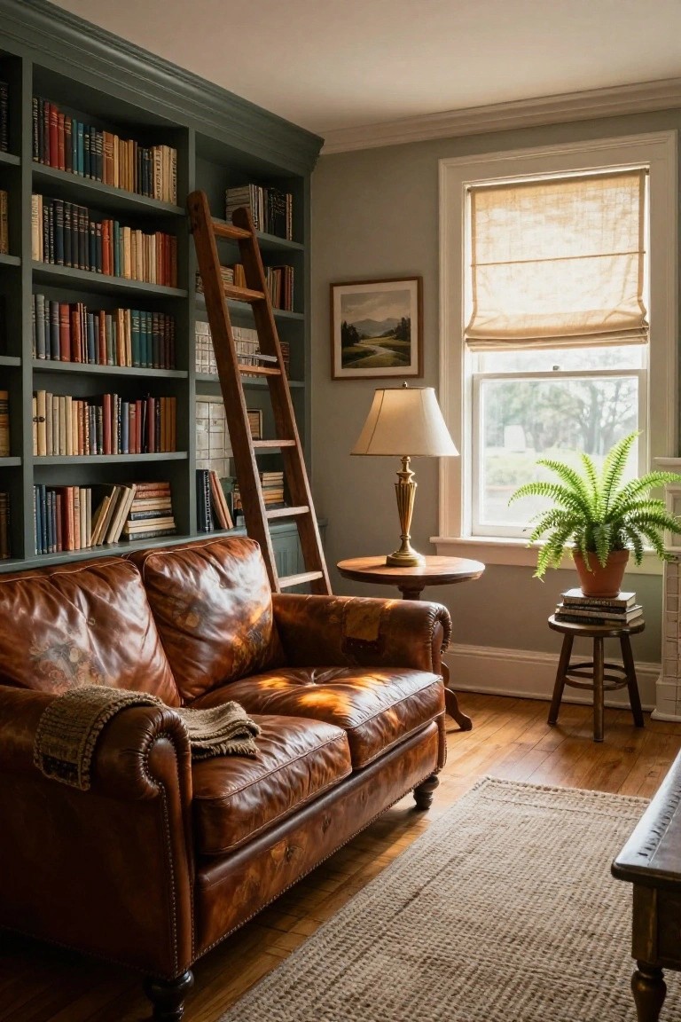 Interior of a room with dark green built-in bookshelves, wooden rolling ladder, brown leather sofa, brass lamp on side table, potted fern, and window with beige shade.