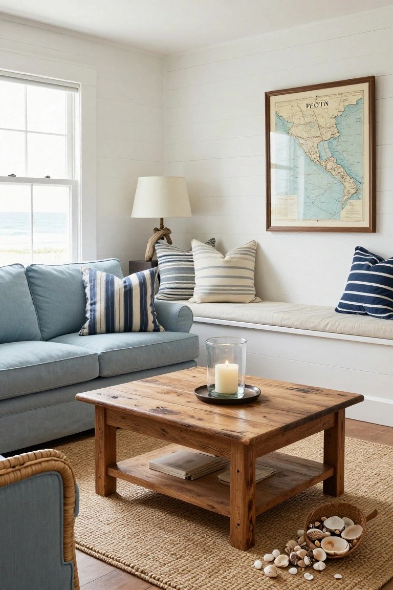 Cozy living room featuring a blue sofa with navy and white striped pillows, a cushioned white window bench, rustic wooden coffee table, seagrass rug with scattered shells, driftwood lamp, and a window with ocean view next to a framed map on shiplap walls.