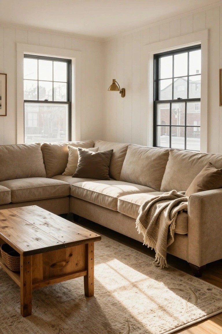 Beige L-shaped sofa in a white shiplap living room corner with black-framed windows, wooden coffee table holding a basket, cream throw blanket, and light patterned rug on hardwood floor.