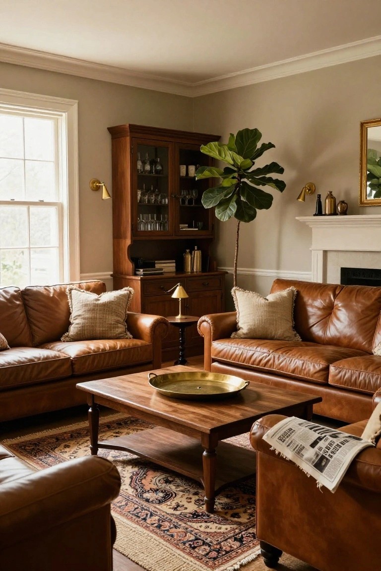 A living room with two brown leather tufted sofas facing each other around a wooden coffee table on a patterned rug, flanked by wooden furniture, a fiddle leaf fig plant, bar cabinet, and white fireplace.