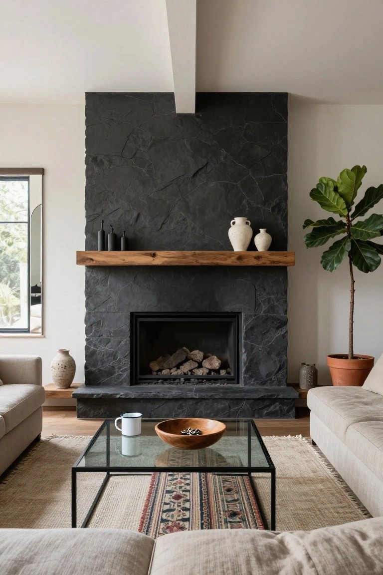 Living room with tall black stone-clad fireplace wall and hearth, wooden beam mantel holding candles and vases, beige linen sofas around glass coffee table on rug, potted plants and window nearby.