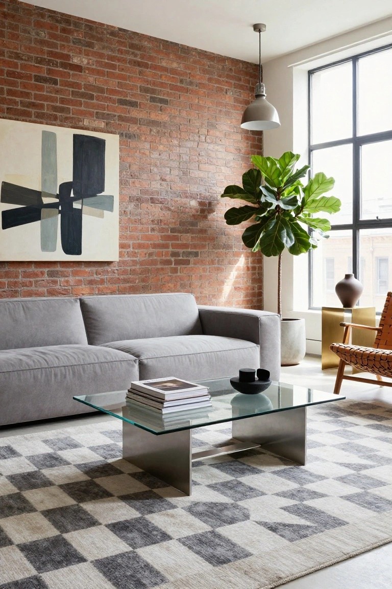 Modern living room with exposed brick accent wall, large gray L-shaped sofa, glass-top steel coffee table on black-and-white checkered rug, fiddle leaf fig plant in white pot, rattan armchair next to gold side table, and pendant light.