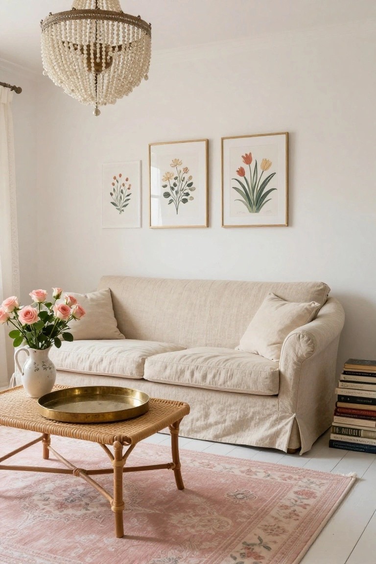Cozy living room with a beige sofa, floral artwork, pink rug, and a vase of roses.