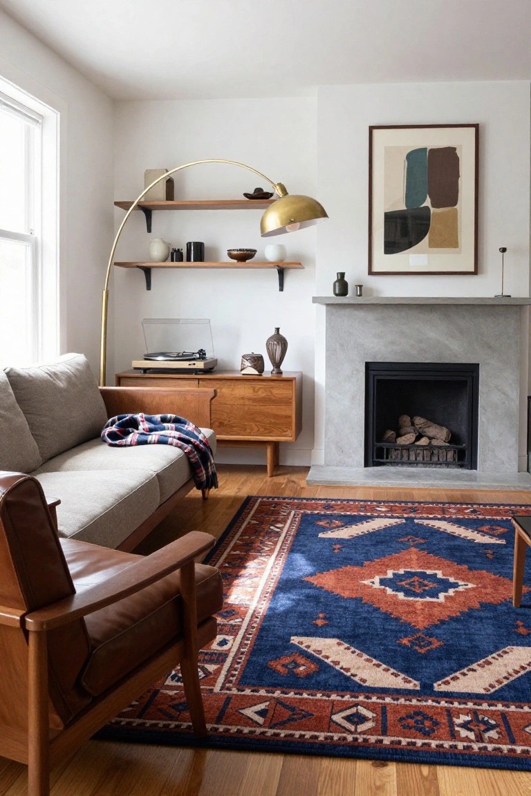 Living room corner with gray sofa draped in plaid blanket, wood credenza holding turntable, brown leather armchair, concrete fireplace with logs, wood shelves, arc lamp, and blue-orange geometric patterned rug on oak floors.