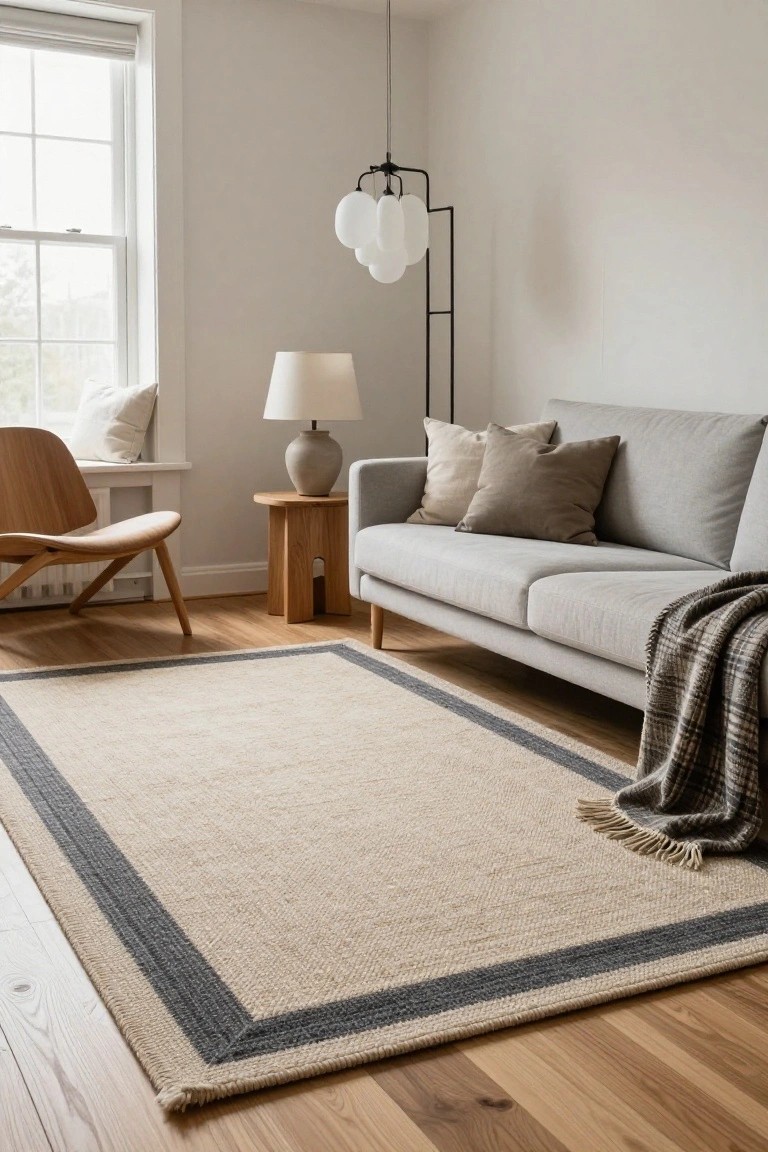 A light gray sofa with beige and brown pillows and a plaid throw sits on a beige seagrass rug with dark gray border in a living room with wood floors, an Eames-style wood chair by a window, a wood side table with ceramic lamp, and a pendant light overhead.
