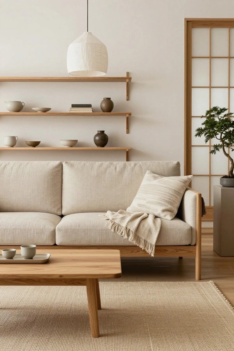 A minimalist living room with a cream three-seater sofa, oak coffee table on a light beige textured rug, wooden floating shelves holding pottery and vases, a pendant light, and a shoji screen door with bonsai plant nearby.