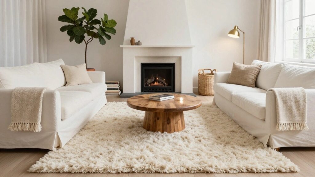 Living room with large white shag rug under round wooden coffee table and rattan armchairs, white sofa nearby, stone fireplace with black chimney, fiddle leaf fig plant in terracotta pot, gold floor lamp, and white curtains on window.