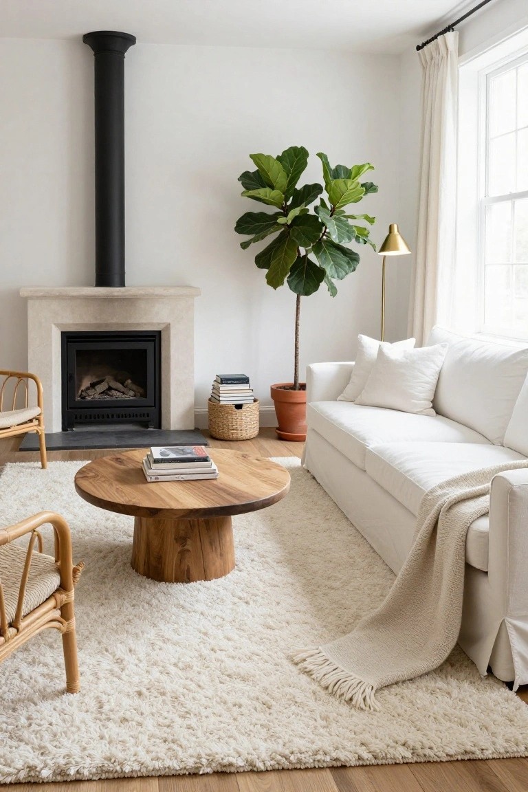 Living room with large white shag rug under round wooden coffee table and rattan armchairs, white sofa nearby, stone fireplace with black chimney, fiddle leaf fig plant in terracotta pot, gold floor lamp, and white curtains on window.
