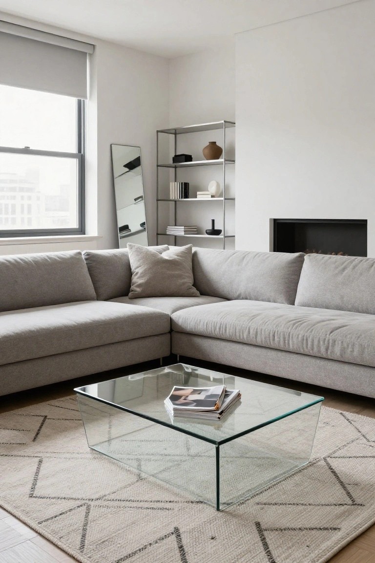 Corner of a modern living room featuring an L-shaped light gray sofa, clear glass coffee table with magazines on a beige geometric patterned rug, metal shelving unit, full-length mirror, and built-in fireplace against white walls.