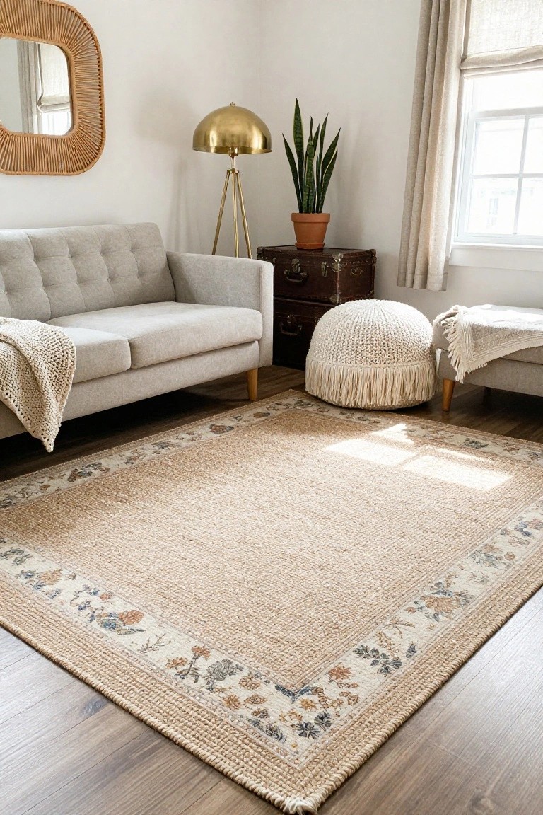Living room corner with gray tufted sofa on beige jute rug with blue and cream floral border, gold tripod lamp, snake plant in terracotta pot, vintage trunk table, white fringed pouf, and bench with throw near window.
