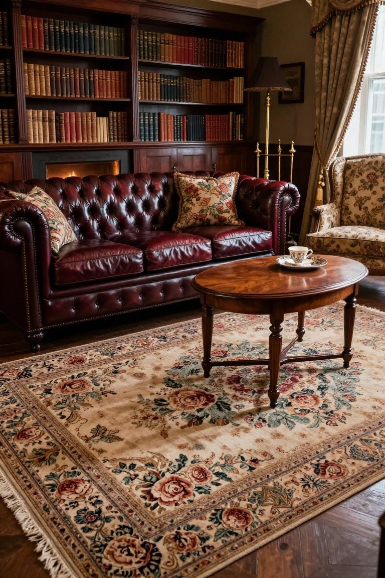 A traditional living room with tall wooden bookshelves filled with books, a red tufted leather sofa with floral pillows, an oval wooden coffee table holding a teacup and saucer, a large beige floral-patterned rug, a fireplace, and hardwood floors.