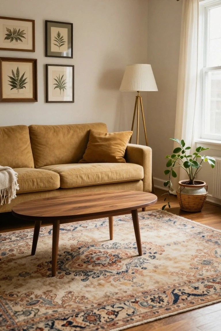 Beige living room with mustard yellow sofa, oval wooden coffee table on large ornate Persian-style rug, tripod floor lamp, potted plant, botanical leaf prints on walls, and sheer curtained window.