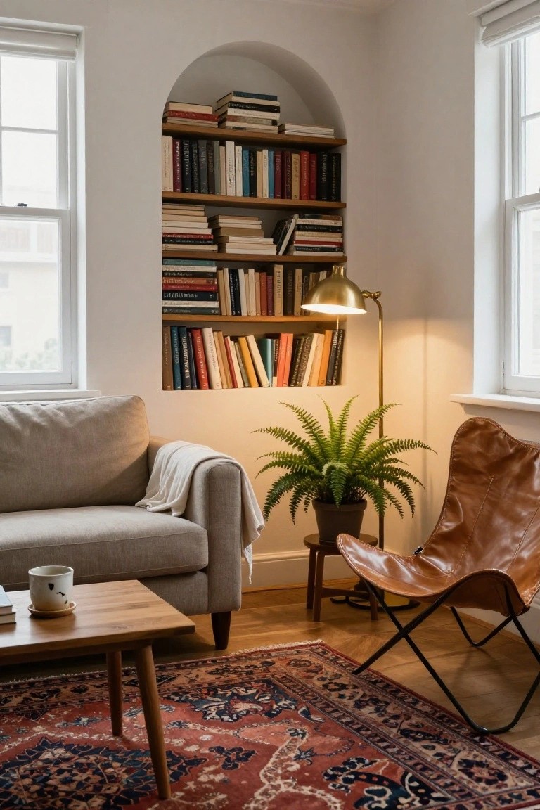Corner of a living room with arched white bookshelves filled with books, beige sofa with white throw, tan leather egg chair, wooden coffee table holding a white mug and books, potted fern, brass arc lamp, and red Persian-style rug on light wood floors.