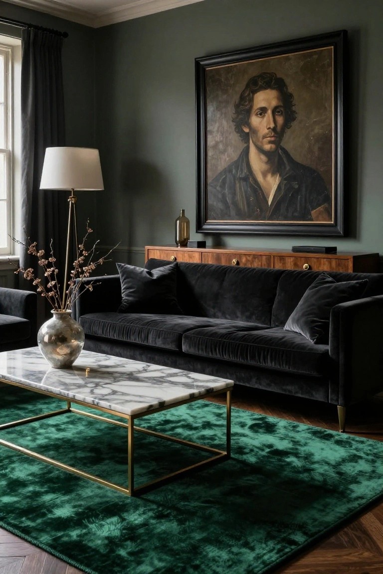 Living room with black velvet sofa, marble coffee table on brass legs, emerald green velvet rug, dark green walls, wooden credenza, floor lamp, silver vase with branches, and large framed portrait.