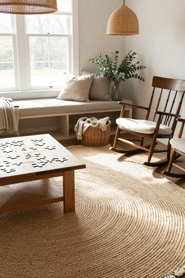 Light-filled living room corner with window seat, two wooden rocking chairs, wooden coffee table holding jigsaw puzzle pieces, round seagrass rug, eucalyptus in glass vase, linen cushions, and rattan pendant lights.
