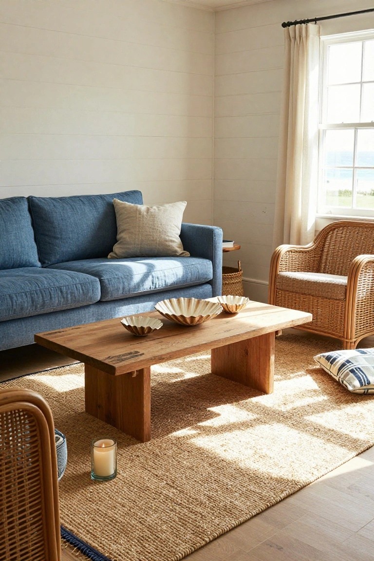 Cozy living room with blue denim sofa, oak coffee table topped with white and gold shell bowls, wicker armchairs, seagrass rug on wood floors, and window showing ocean view.