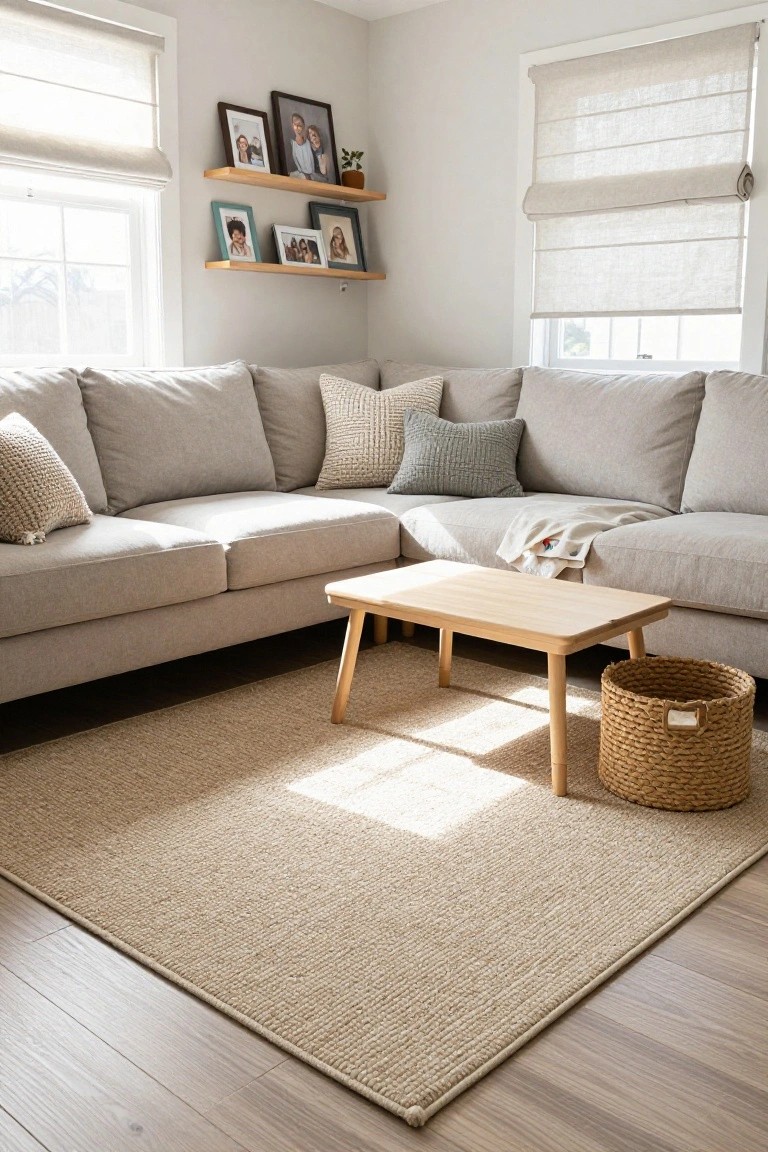 Corner of a light gray living room with an L-shaped beige sofa, low wooden coffee table on a beige seagrass rug, woven basket beside it, floating oak shelves with framed photos, and linen roman shades on two windows.