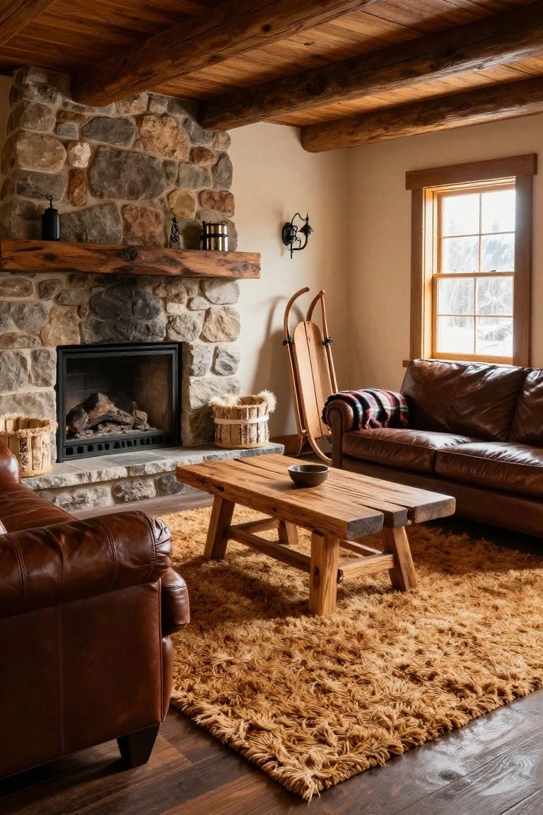 Rustic living room interior featuring a stone fireplace with fire burning, two brown leather sofas, wooden coffee table, large shaggy orange rug, wooden beams on ceiling, skis leaning nearby, and window with snowy view.