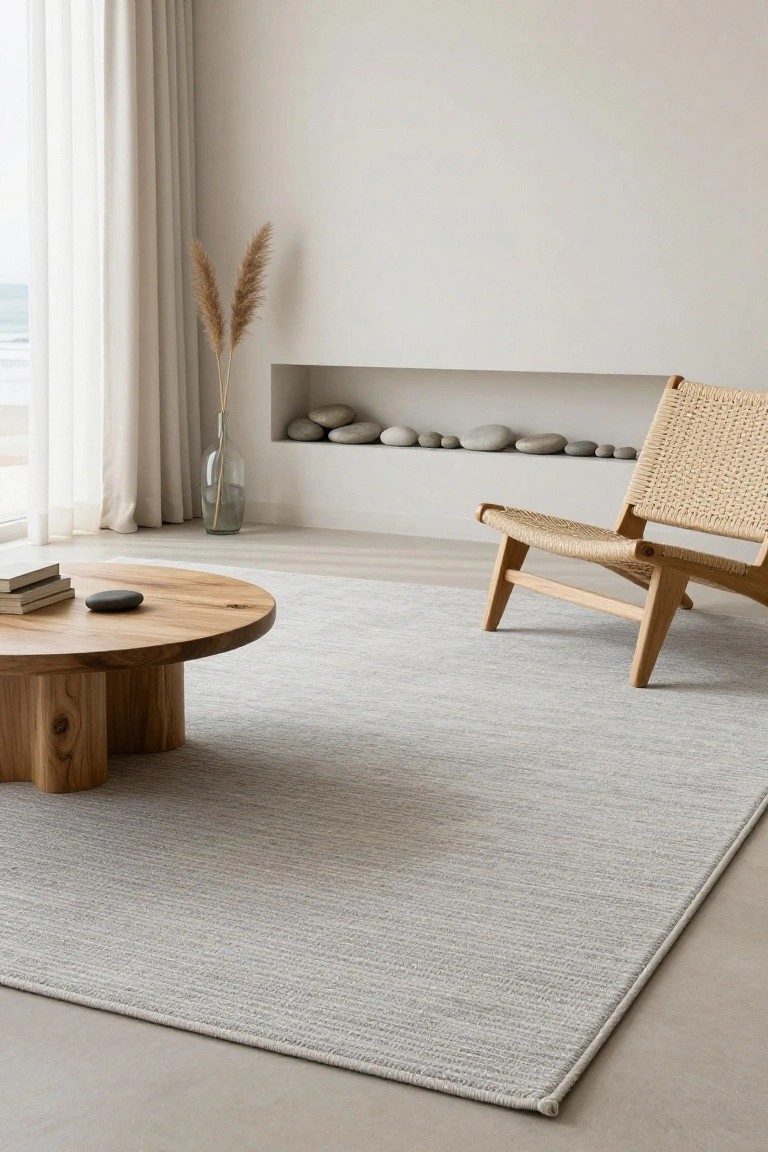 Minimalist living room with light gray textured rug under round wooden coffee table, rattan chair nearby, pampas grass in glass vase, rocks in wall niche, sheer curtains at sea-view window, and light oak floors.