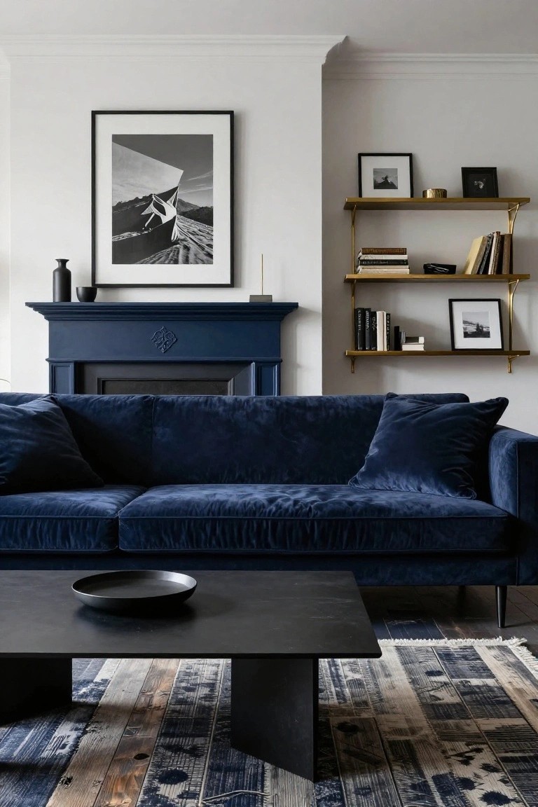 Living room with navy blue velvet sofa, navy painted fireplace mantel, black coffee table on blue and beige rug, white walls, gold shelves with books and black-and-white photos.