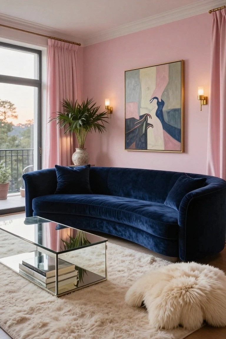 A curved navy velvet sofa sits in a pink-walled living room with a glass coffee table, fluffy white sheepskin rug, large potted plant, abstract painting, wall sconces, and floor-to-ceiling windows overlooking a balcony and hills at sunset.