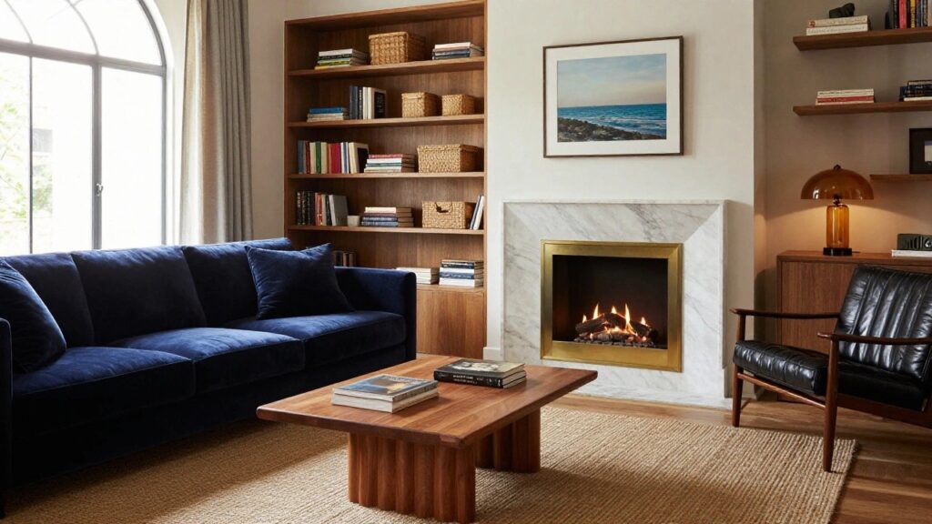 A living room with navy blue velvet sofa, wood built-in bookshelves on both sides of a white marble fireplace, round wood coffee table, and large ocean photo on the wall.