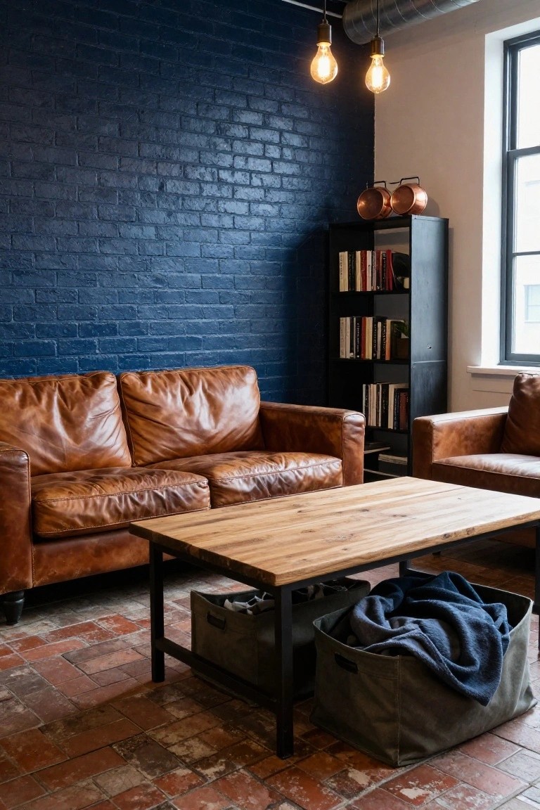 Living room with navy blue painted brick accent wall, tan leather sofas around a wooden coffee table, black metal bookshelf, copper pots on shelf, and pendant lights overhead on terracotta tile floor.