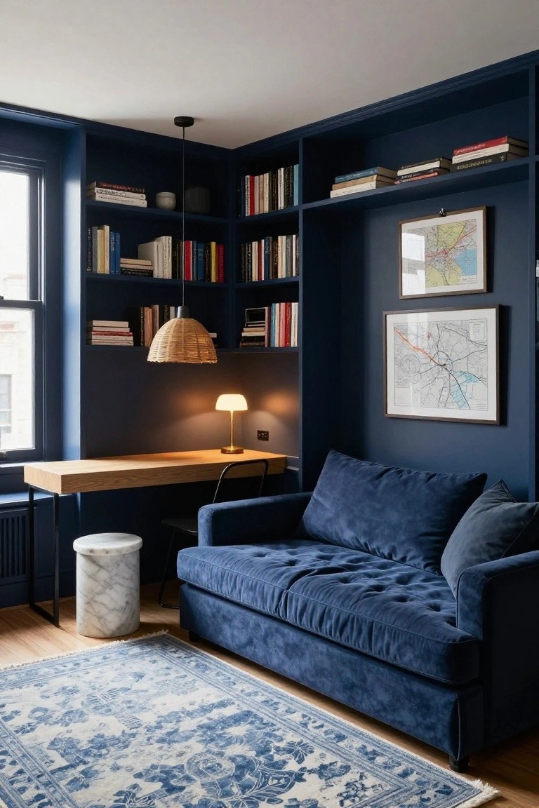 Navy blue room featuring built-in bookcases filled with books, a wooden desk with desk lamp, blue velvet sofa, white marble side table, and blue patterned rug on hardwood floor.