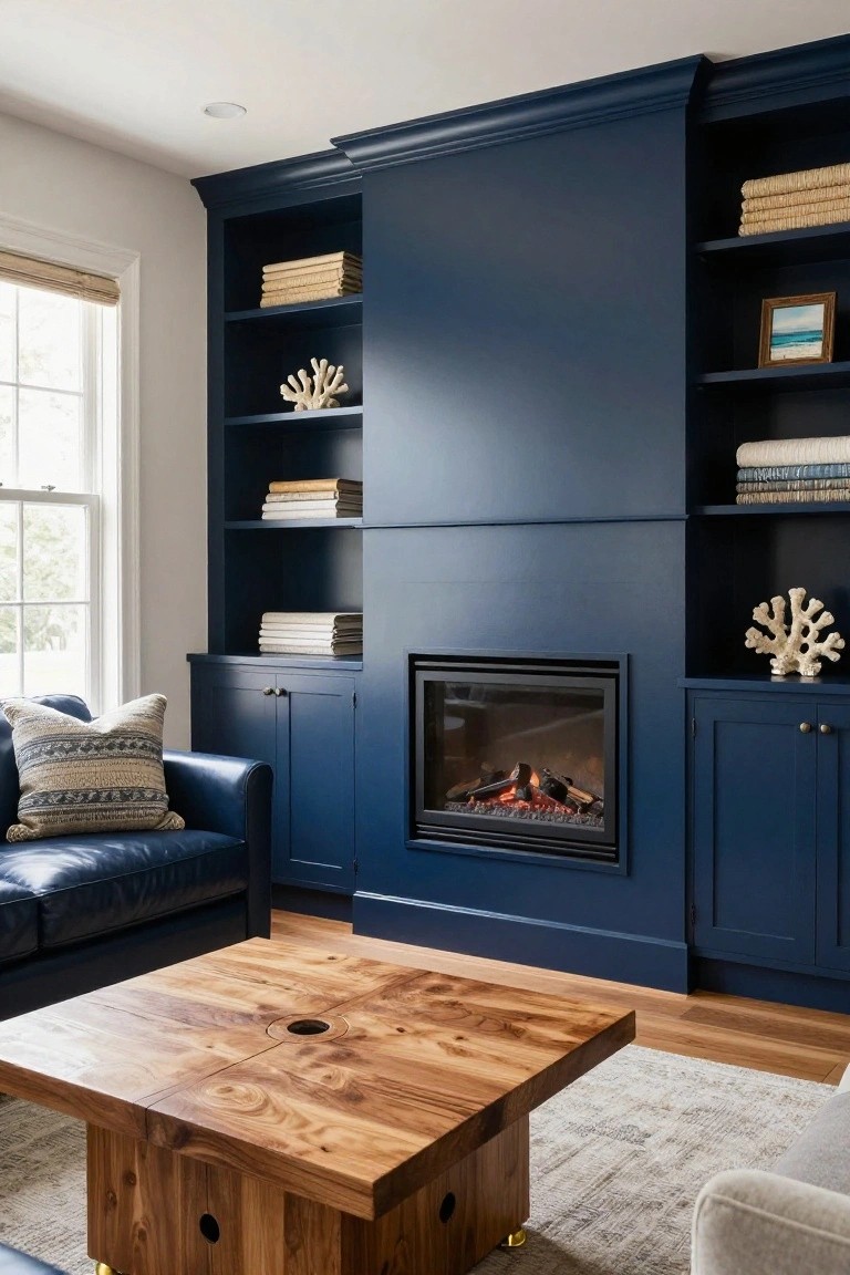 A living room with navy blue built-in cabinets and open shelves surrounding a gas fireplace, a navy leather sofa with patterned pillow, wooden coffee table on a rug, and a window with bamboo shades.