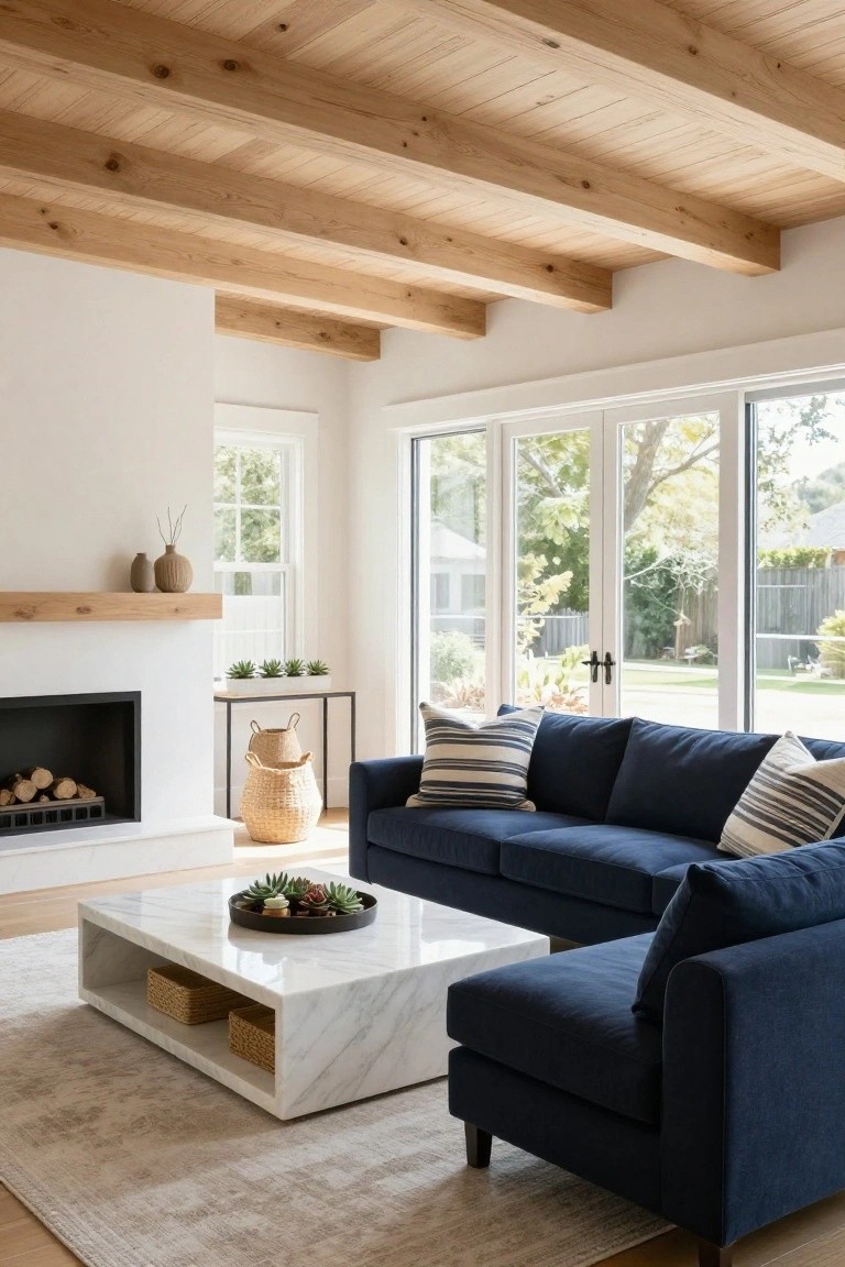 Living room interior with navy blue L-shaped sofa, exposed wooden ceiling beams, white marble coffee table, fireplace with firewood, potted plants, and large windows and doors to backyard garden.