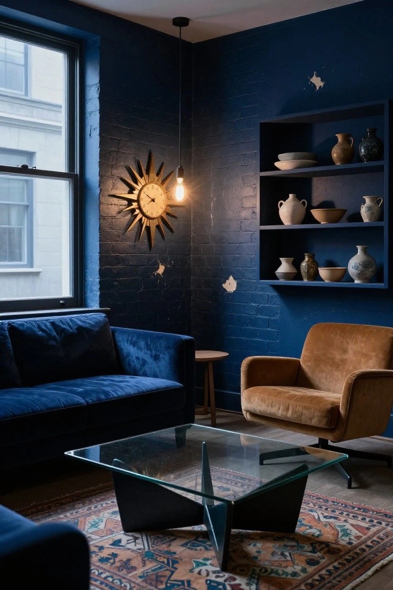 Living room with navy-painted exposed brick walls, navy velvet L-shaped sofa, burnt orange velvet armchair on casters, black metal and glass coffee table, wooden side table, sunburst wall clock with pendant light, and built-in shelves holding ceramic pots and bowls on a patterned rug.