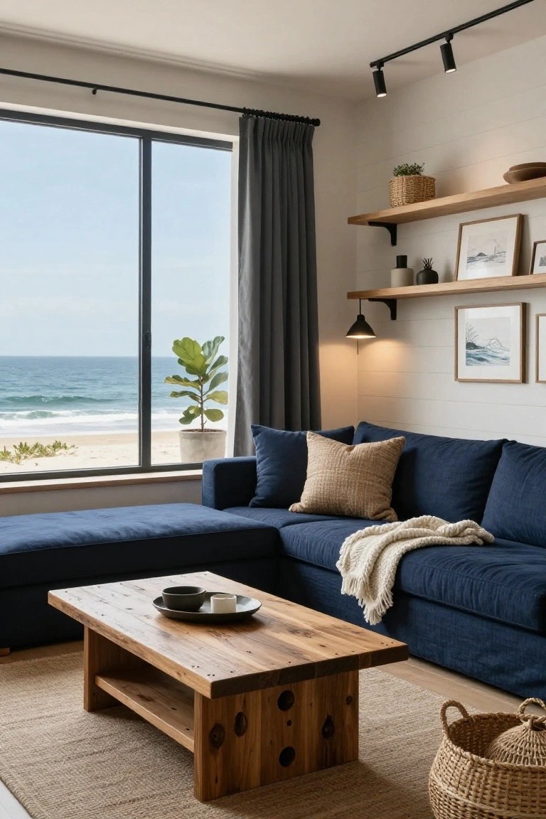 Modern living room interior with navy blue L-shaped sofa facing large floor-to-ceiling windows overlooking ocean waves and beach, wooden coffee table, potted plants, woven basket, and neutral shelves on white shiplap walls.