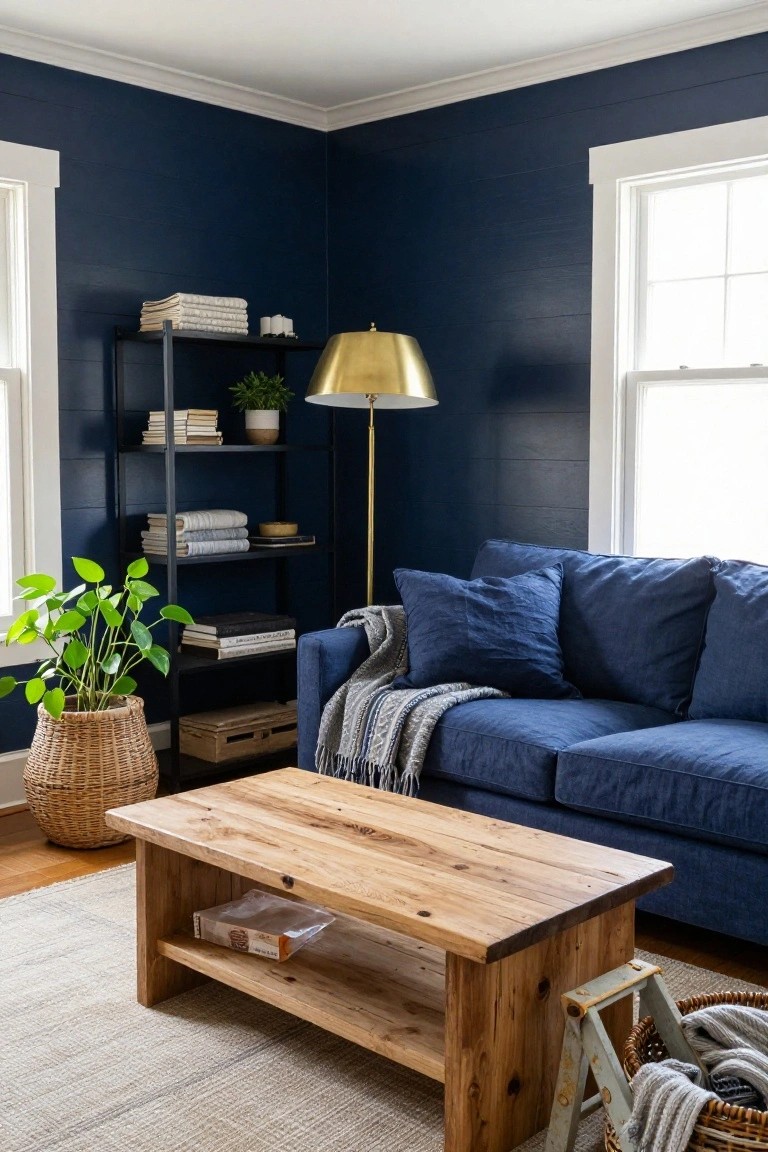 Corner of a living room with navy shiplap walls, blue sofa with pillows and throw, wooden coffee table, black metal shelving unit with books plants and linens, gold floor lamp, potted plants, and woven baskets on beige rug.