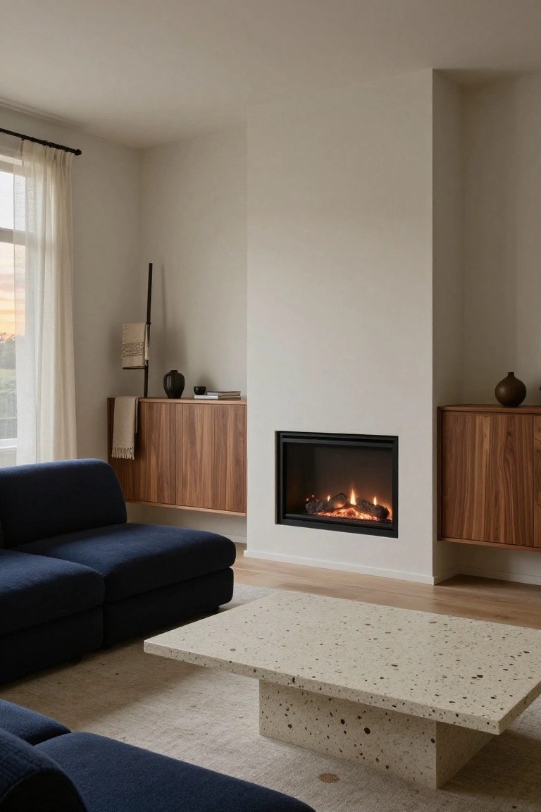 Modern living room with navy blue L-shaped sofa facing a linear gas fireplace flanked by walnut wood cabinets, beige terrazzo coffee table on light oak floor, sheer curtains on window, and neutral decor.