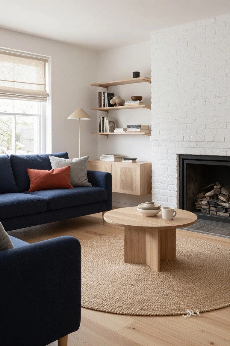 A navy blue sofa with orange and gray pillows faces a white brick fireplace in a light wood-floored living room, with an oak X-leg coffee table on a seagrass rug, wooden floating shelves, and a linen roman shade on the window.