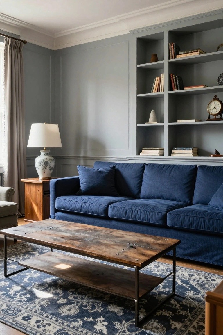 Living room with pale gray paneled walls and built-in bookshelves filled with books and decor, deep navy blue three-seater sofa, rustic wood coffee table on black metal frame, blue and white patterned rug, wood side table with blue and white lamp, and armchair nearby.