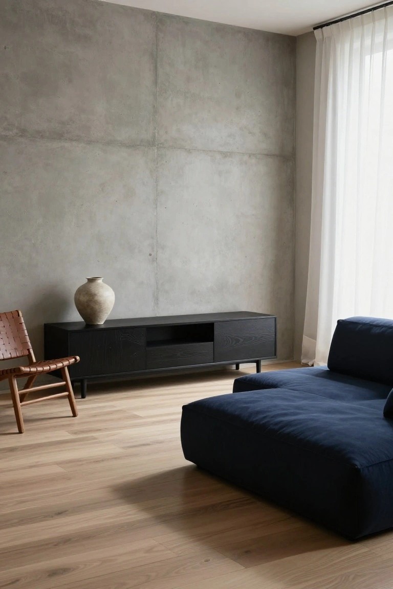 Modern living room corner with low navy blue modular sofa on oak wood floor, black wooden media console topped with beige pottery vase, braided tan leather chair nearby, textured concrete wall, and sheer white curtains on window.