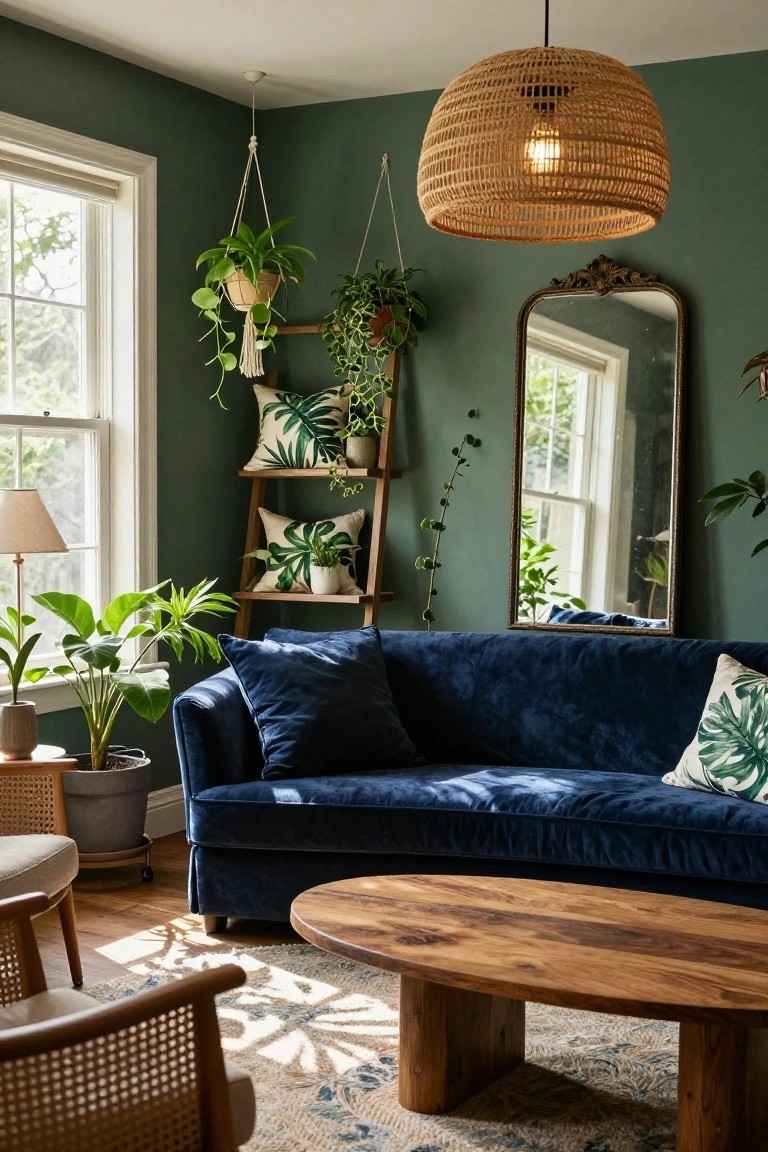 Living room with navy velvet sofa, wooden coffee table, rattan chairs, emerald green walls, multiple potted plants on shelves and hanging, woven pendant light, and mirror.