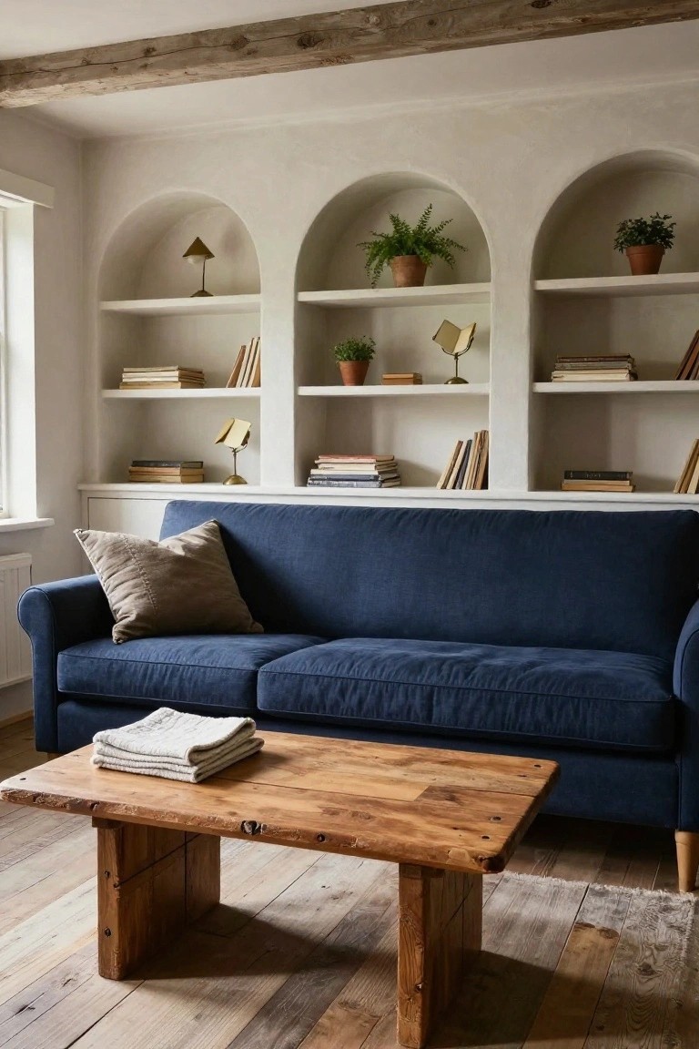 A cozy living room with a navy blue fabric sofa, rustic live-edge wooden coffee table holding folded linens, arched white wall niches with books plants and brass lamps, neutral walls, and light wood floors.