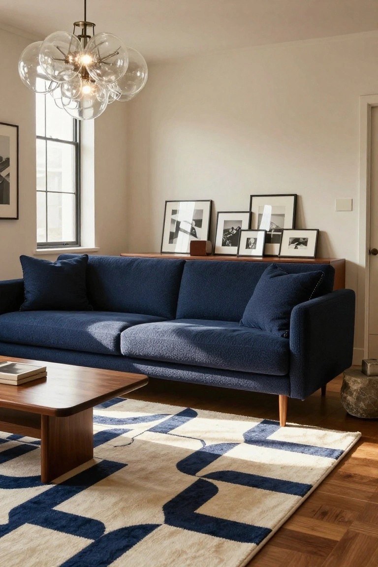 A living room with a deep navy textured sofa, wooden credenza with framed black-and-white photos, wooden coffee table, cream rug with navy geometric patterns, bubble glass chandelier, large window, pale walls, and hardwood floors.