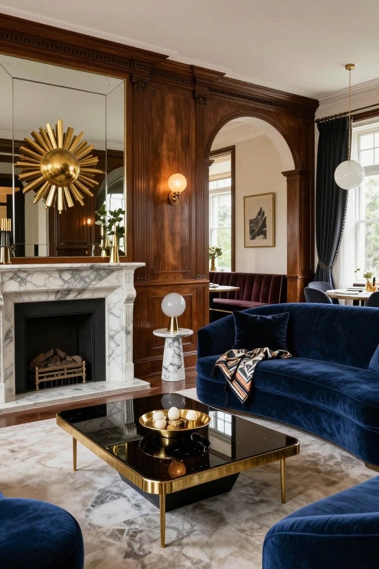 Wood-paneled living room with marble fireplace, navy blue velvet curved sofa and poufs, black glass coffee table with gold bowl, gold sunburst mirror, and arched doorway to banquette seating area.